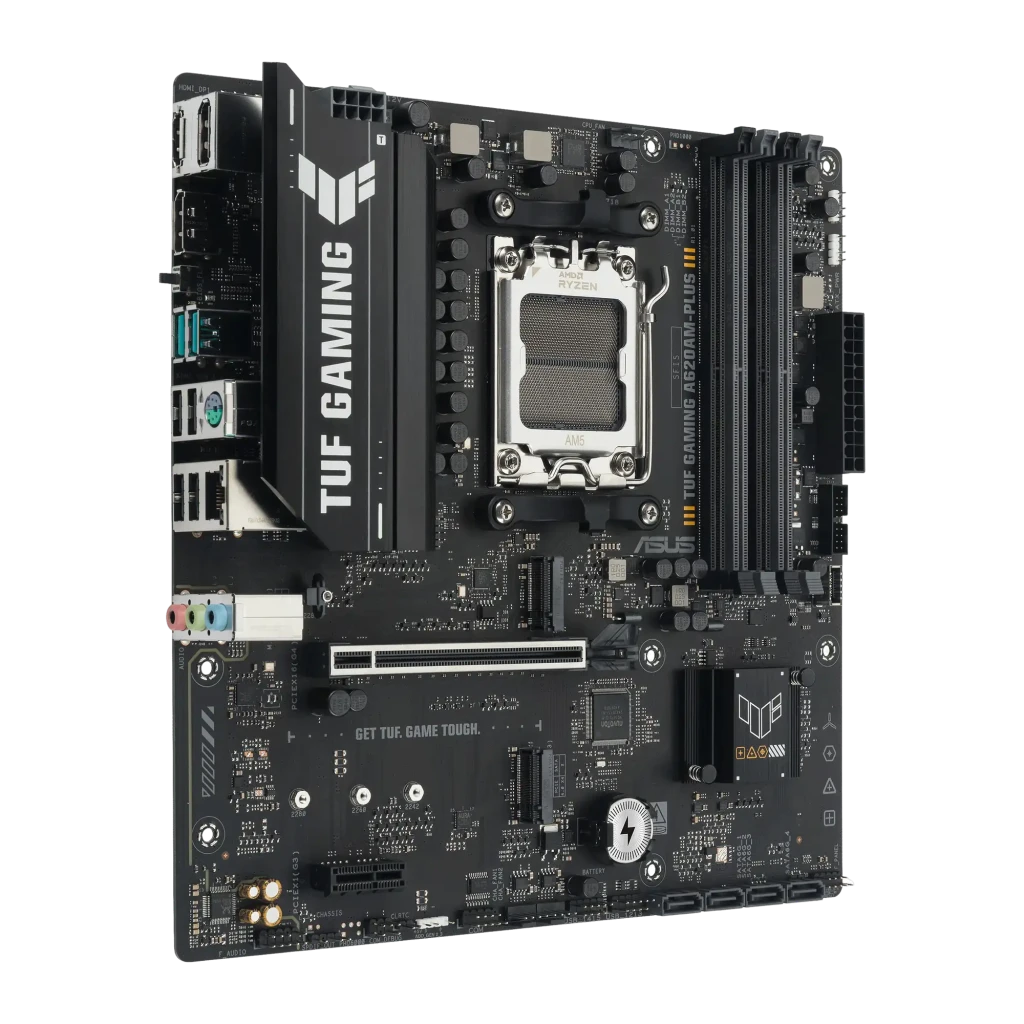 ASUS TUF Gaming A620AM-PLUS mATX, placa-mãe e caixa: socket AM5, slots DDR5 e painel traseiro visíveis ao lado da embalagem - Item1