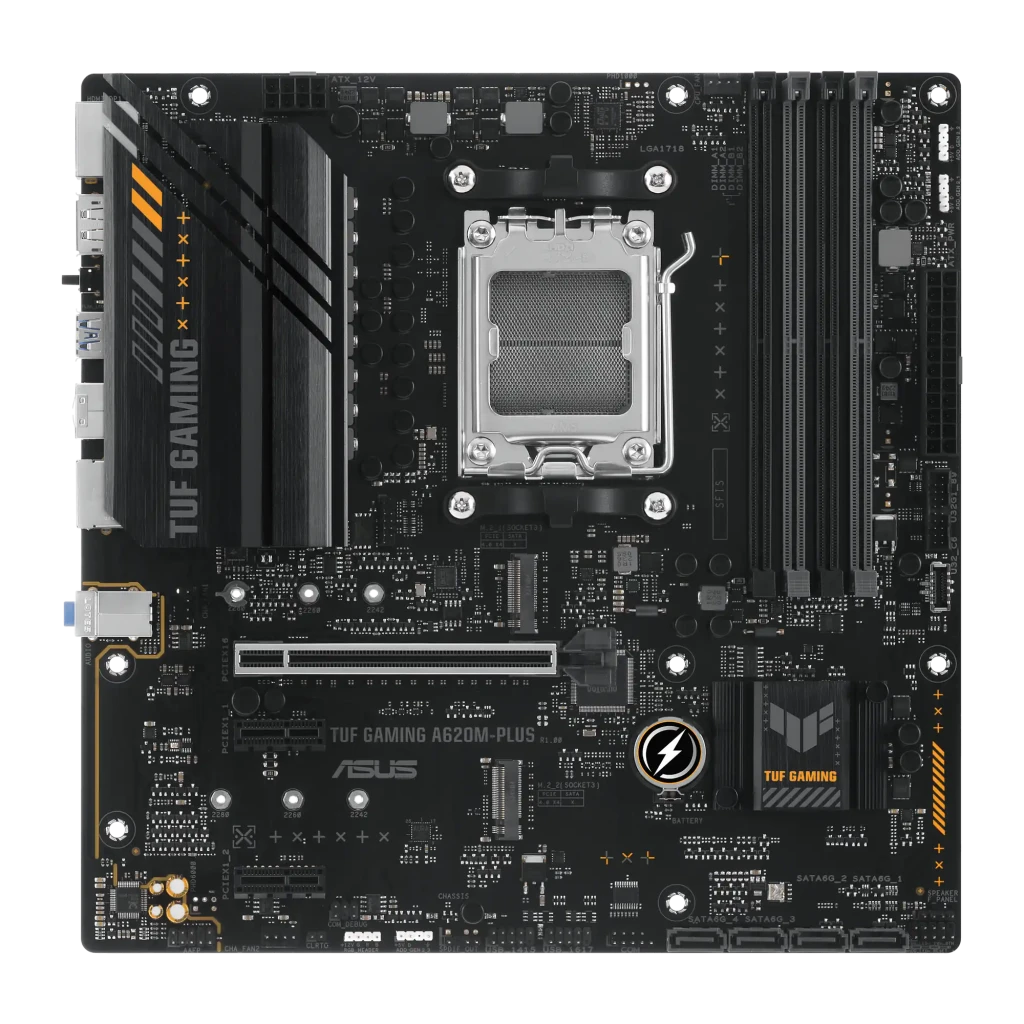 ASUS TUF Gaming A620AM-PLUS mATX, placa-mãe e caixa: socket AM5, slots DDR5 e painel traseiro visíveis ao lado da embalagem - Item4