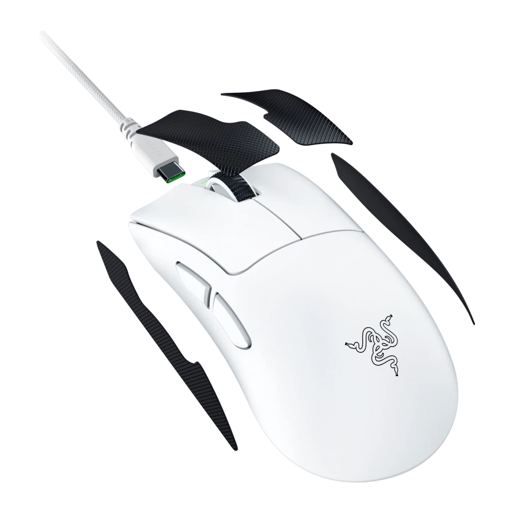 Razer DeathAdder V4 Pro blanco, vista superior: forma ergonómica, rueda negra, LED verde y logo serpiente - Ítem2
