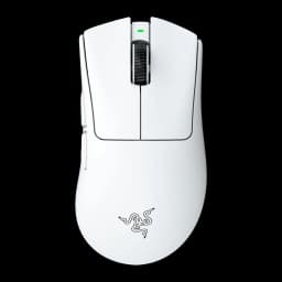 Razer DeathAdder V4 Pro branco, vista superior: forma ergonómica, roda preta, LED verde e logótipo serpente