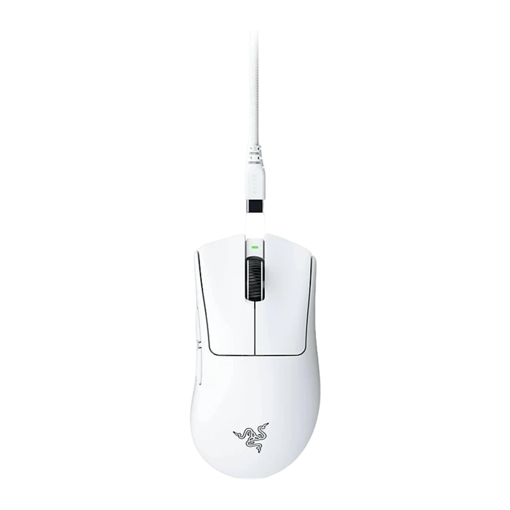 Razer DeathAdder V4 Pro blanco, vista superior: forma ergonómica, rueda negra, LED verde y logo serpiente - Ítem1