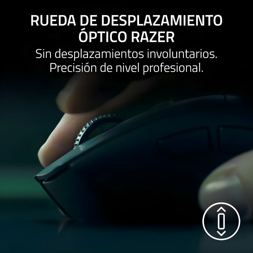 Razer DeathAdder V4 Pro blanco, vista superior: forma ergonómica, rueda negra, LED verde y logo serpiente - Ítem3