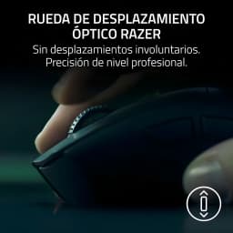 Razer DeathAdder V4 Pro Branco, detalhe roda: dedo rolando a roda óptica com fundo escuro