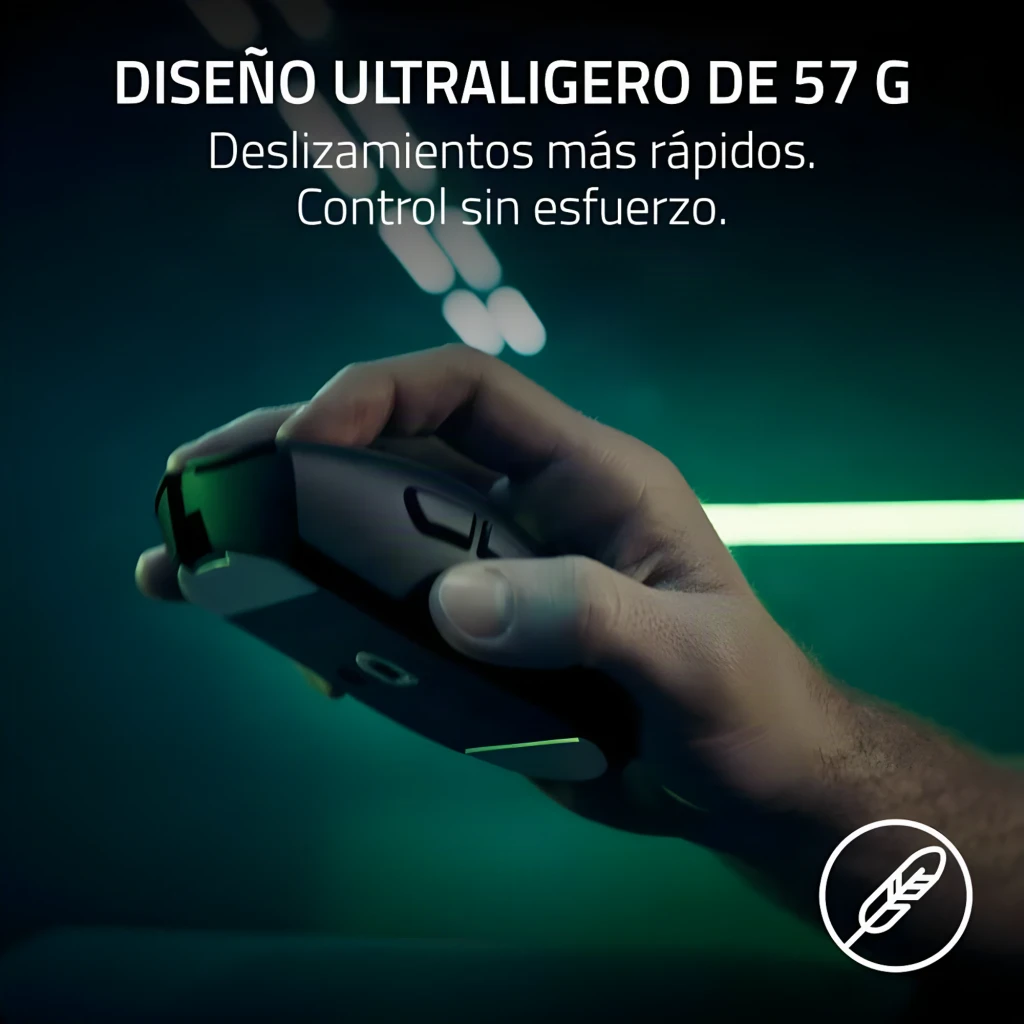 Razer DeathAdder V4 Pro blanco, vista superior: forma ergonómica, rueda negra, LED verde y logo serpiente - Ítem4