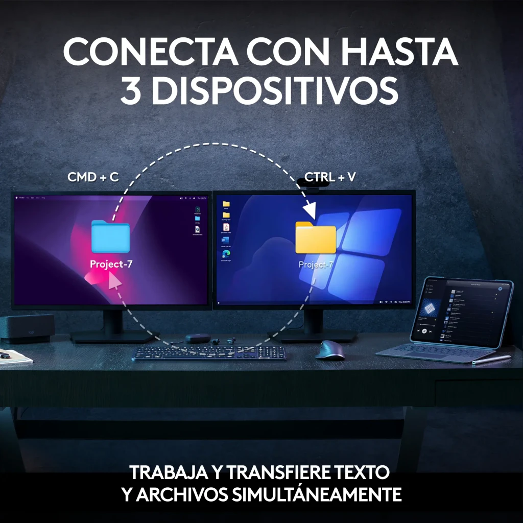 Logitech MX Keys S Combo Bluetooth Grafito, función multidispositivo: teclado y ratón conectados a 2 monitores y tablet