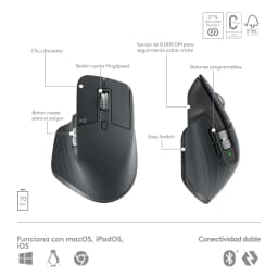 Logitech MX Keys S Combo Grafite, infográfico rato: vistas frontal e lateral com roda MagSpeed, Easy Switch e sensor 8000