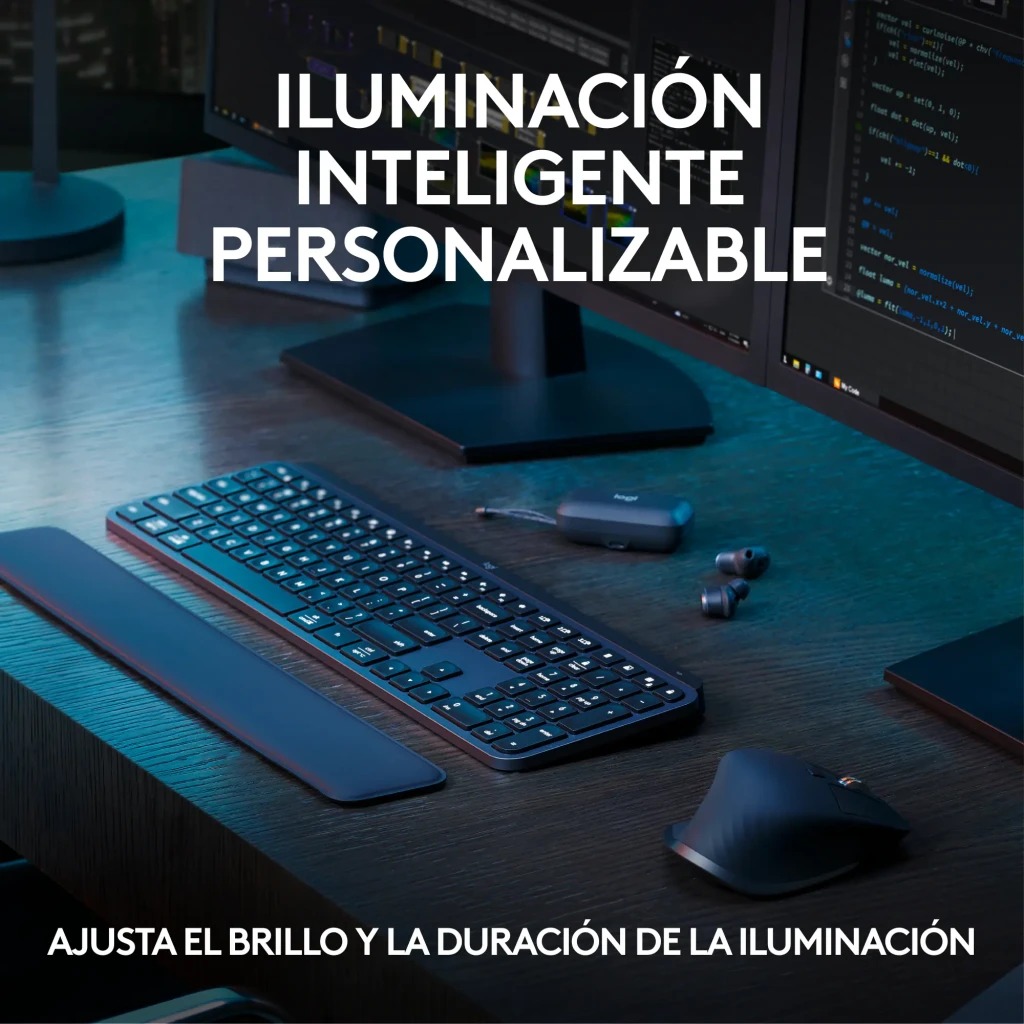 Logitech MX Keys S Combo Bluetooth QWERTY Grafito gris, escena escritorio: teclado retroiluminado y ratón sobre mesa oscura