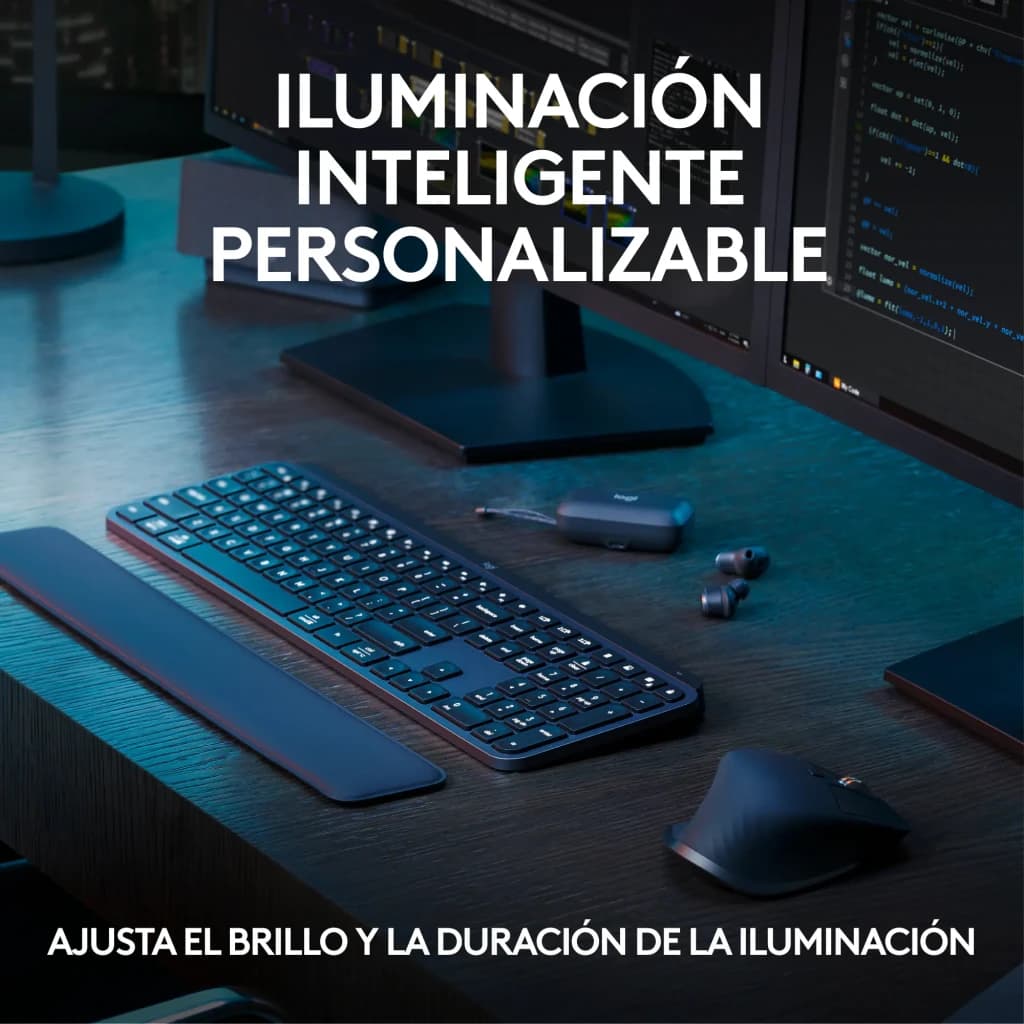 Logitech MX Keys S Combo Bluetooth QWERTY Grafite cinza, cena secretária: teclado retroiluminado e rato em mesa escura