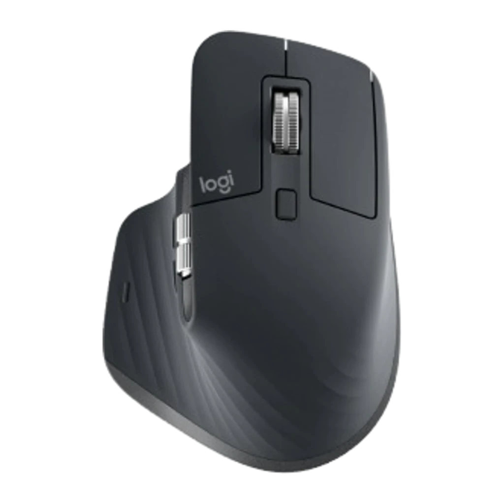 Logitech MX Keys S Combo Bluetooth QWERTY Grafito, vista superior en ángulo: ratón gris con rueda de desplazamiento y logo