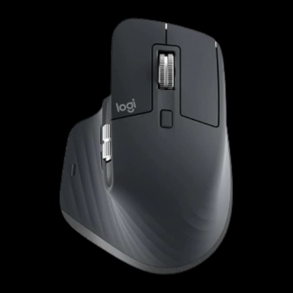 Logitech MX Keys S Combo Bluetooth QWERTY Grafite, vista superior em ângulo: rato cinzento com roda de scroll e logótipo logi