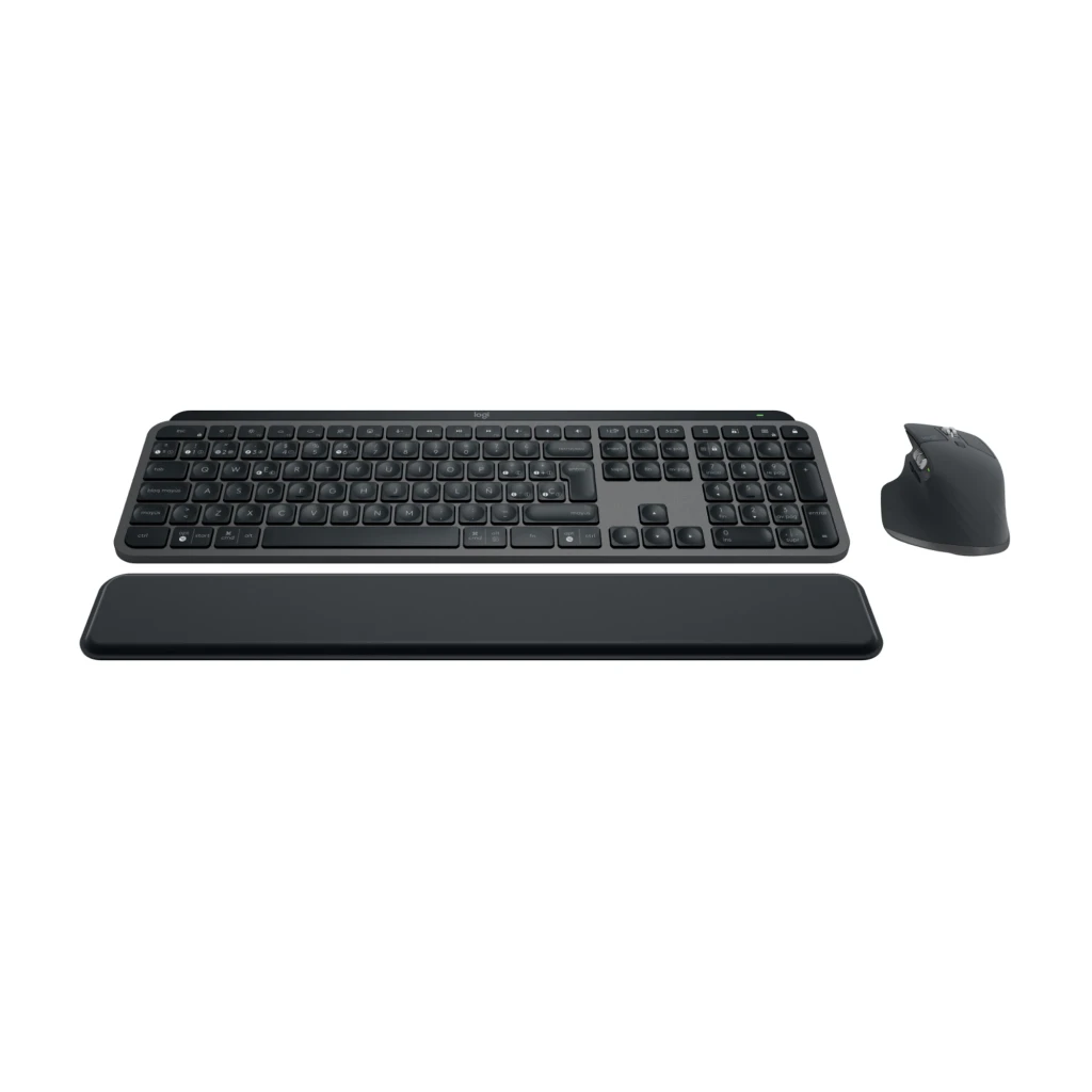 Logitech MX Keys S Combo Grafito, vista superior: teclado QWERTY, ratón y reposamuñecas en gris oscuro