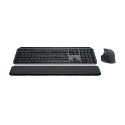 Logitech MX Keys S Combo Grafite, vista superior: teclado QWERTY, rato e apoio de pulso em cinza escuro
