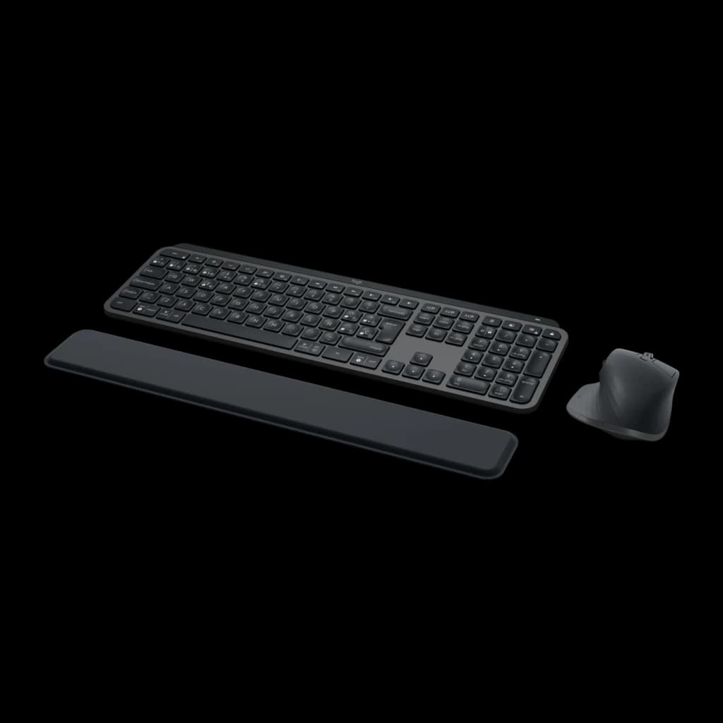 Logitech MX Keys S Combo Grafite, vista em perspectiva: teclado, apoio de pulso e rato vertical em cinzento sobre fundo preto
