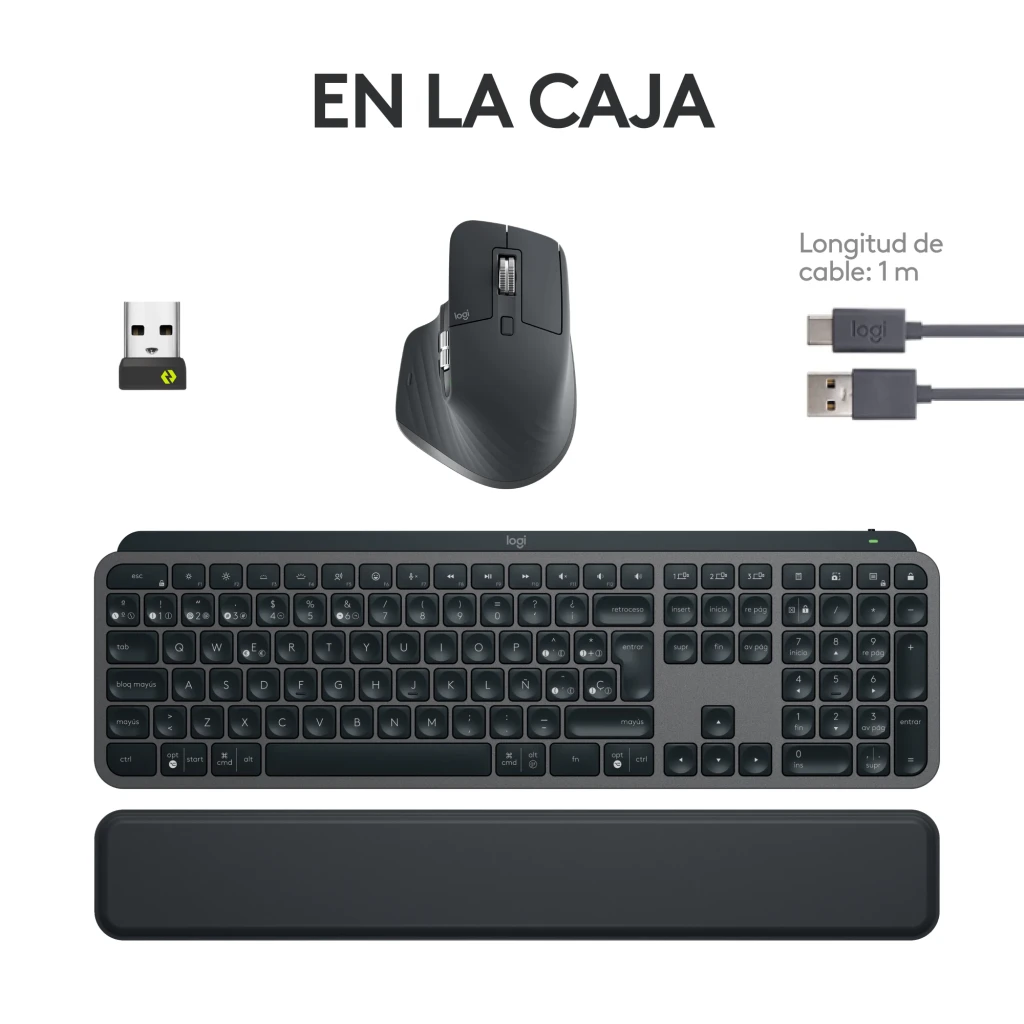 Logitech MX Keys S Combo Bluetooth QWERTY Grafito, contenido caja: teclado, ratón, reposamuñecas, receptor USB y cable 1m