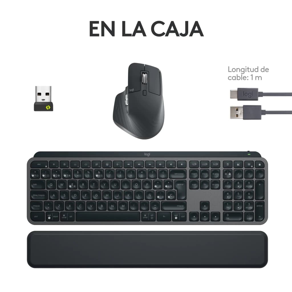 Logitech MX Keys S Combo Bluetooth QWERTY Grafite, conteúdo da caixa: teclado, rato, apoio de pulso, receptor USB e cabo 1m
