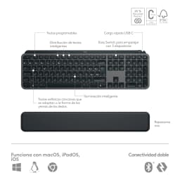 Logitech MX Keys S Combo Grafite, vista superior com infografia: teclado QWERTY e apoio de pulso com funcionalidades