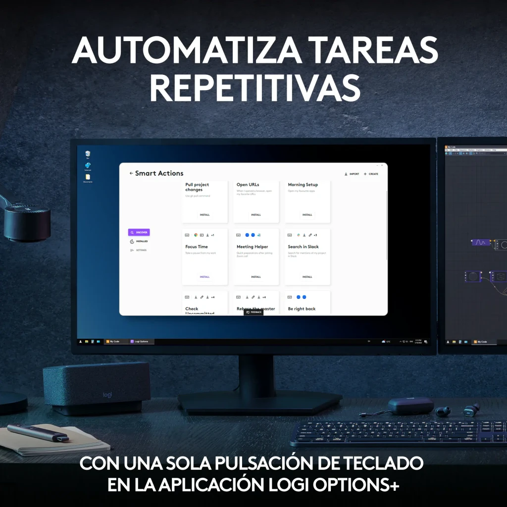 Logitech MX Keys S Combo Bluetooth QWERTY Grafito, lifestyle: pantalla con Smart Actions de Logi Options+ para automatizar