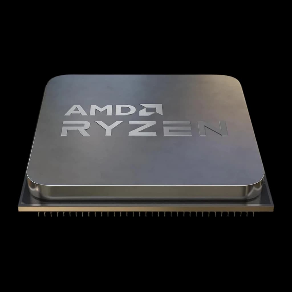 AMD Ryzen 5 5600XT TRAY, vista frontal em perspectiva: IHS metálico prateado com logótipo AMD Ryzen gravado e pinos dourados