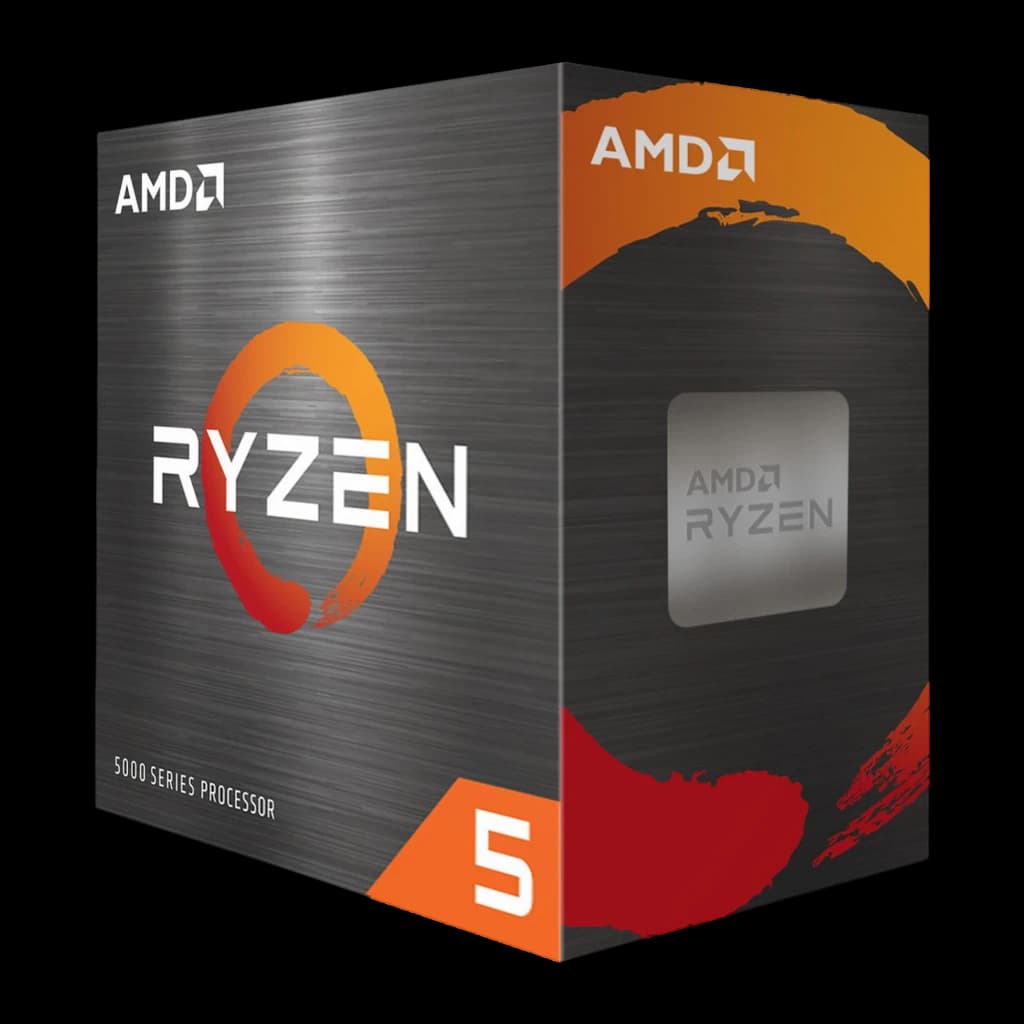 AMD Ryzen 5 5600XT AM4, caixa em ângulo: embalagem cinza com logo Ryzen laranja e lateral com IHS do processador