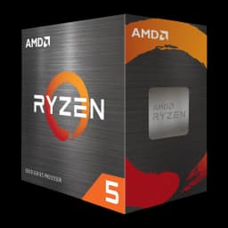 AMD Ryzen 5 5600XT AM4, caixa em ângulo: embalagem cinza com logo Ryzen laranja e lateral com IHS do processador