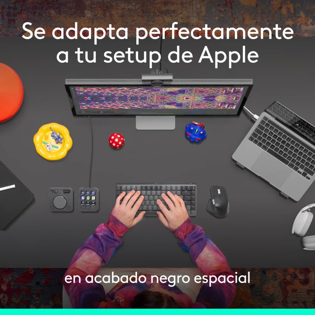 Logitech Rato MX Master 4 for Mac Bluetooth Ergonómico preto, vista aérea: rato em secretária com setup Apple, teclado