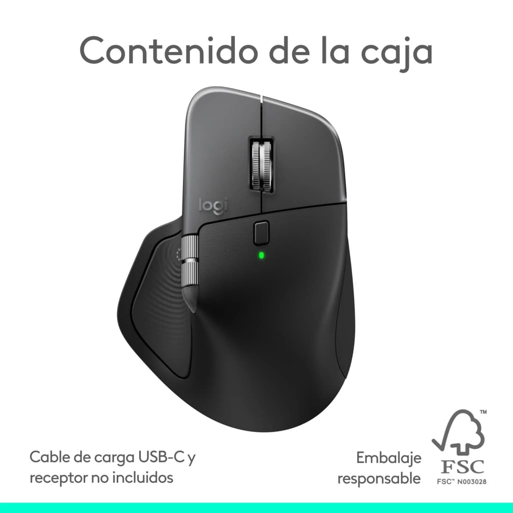 Logitech Rato MX Master 4 for Mac Bluetooth Ergonómico Preto, conteúdo da caixa: vista superior com roda de scroll e LED