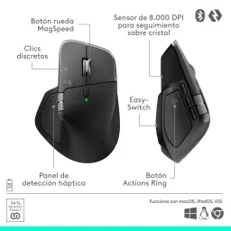 Logitech Rato MX Master 4 for Mac Bluetooth Ergonómico Preto, infografia: vistas superior e lateral com botões MagSpeed