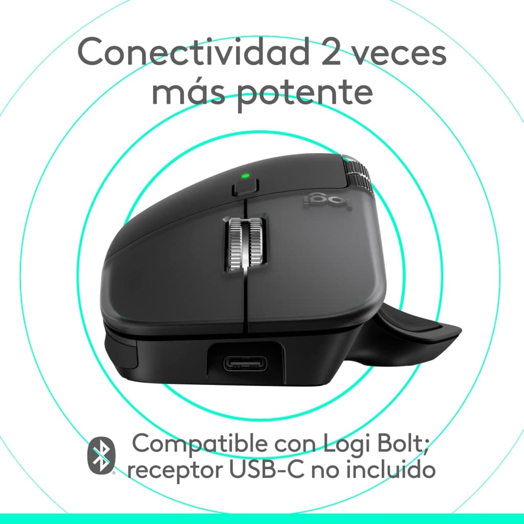 Logitech Rato MX Master 4 for Mac Preto, vista lateral esquerda: roda de deslocamento, porta USB-C e luz indicadora verde