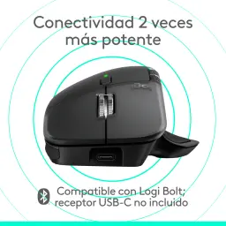Logitech Rato MX Master 4 for Mac Preto, vista lateral esquerda: roda de deslocamento, porta USB-C e luz indicadora verde
