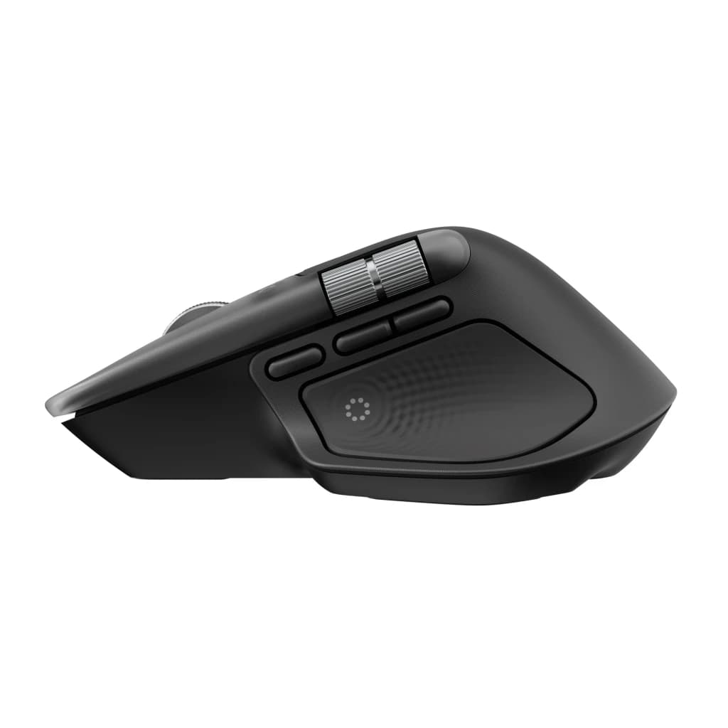 Logitech Rato MX Master 4 for Mac Bluetooth Ergonómico Preto, vista lateral direita: roda de rolagem metálica, botões