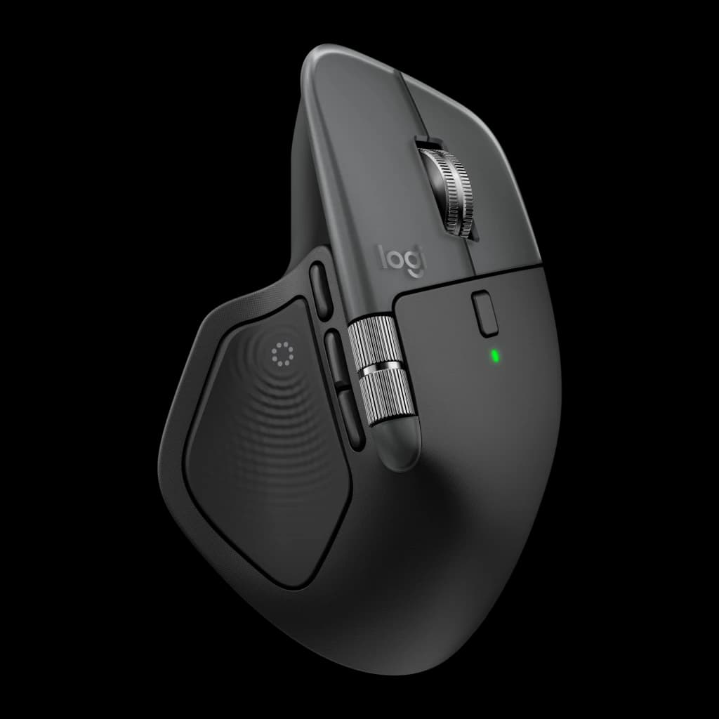 Logitech Rato MX Master 4 for Mac Space Black, vista lateral esquerda: roda de scroll, roda lateral e LED verde visíveis