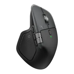 Logitech Rato MX Master 4 for Mac Space Black, vista lateral esquerda: roda de scroll, roda lateral e LED verde visíveis