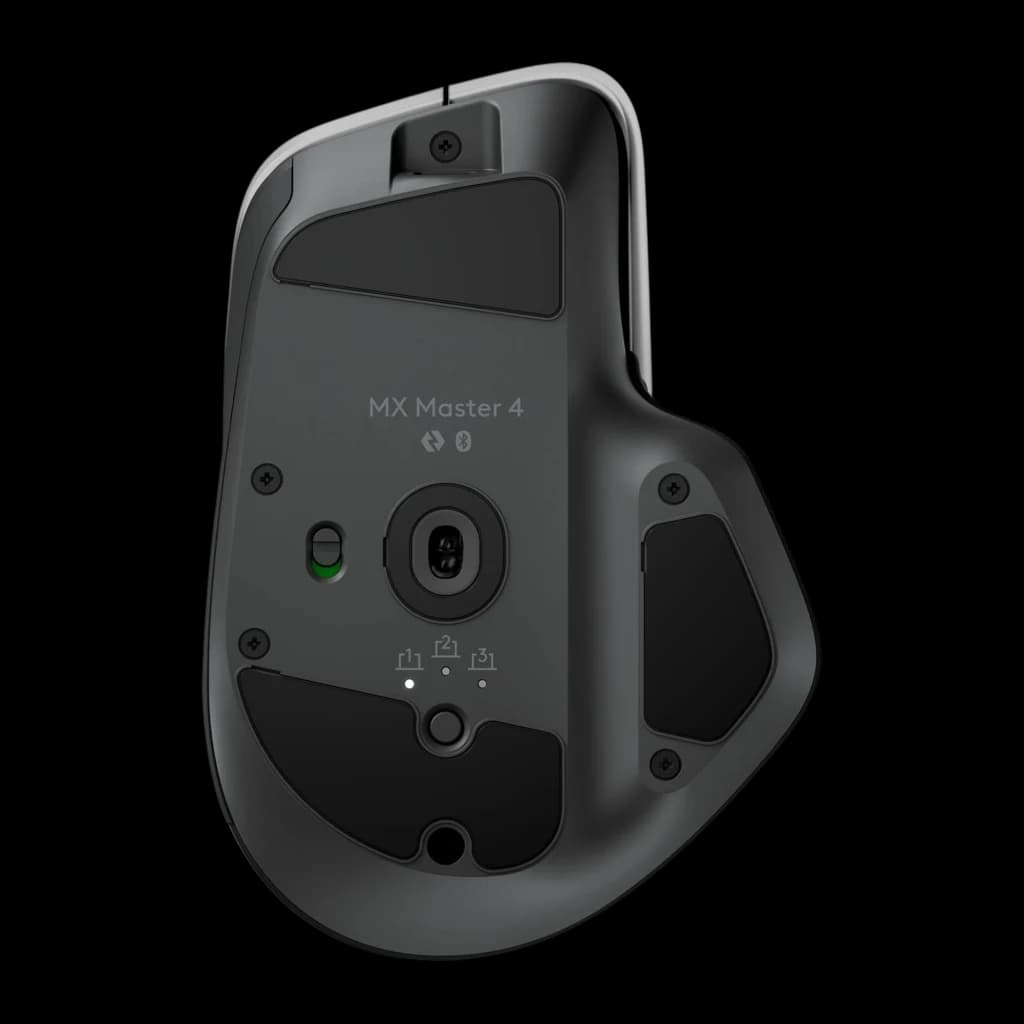 Logitech Rato MX Master 4 for Mac Space Black, vista inferior: sensor óptico, seletor de dispositivo e logótipo MX Master 4