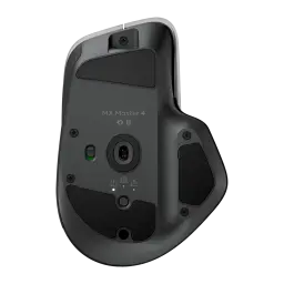 Logitech Rato MX Master 4 for Mac Space Black, vista inferior: sensor óptico, seletor de dispositivo e logótipo MX Master 4