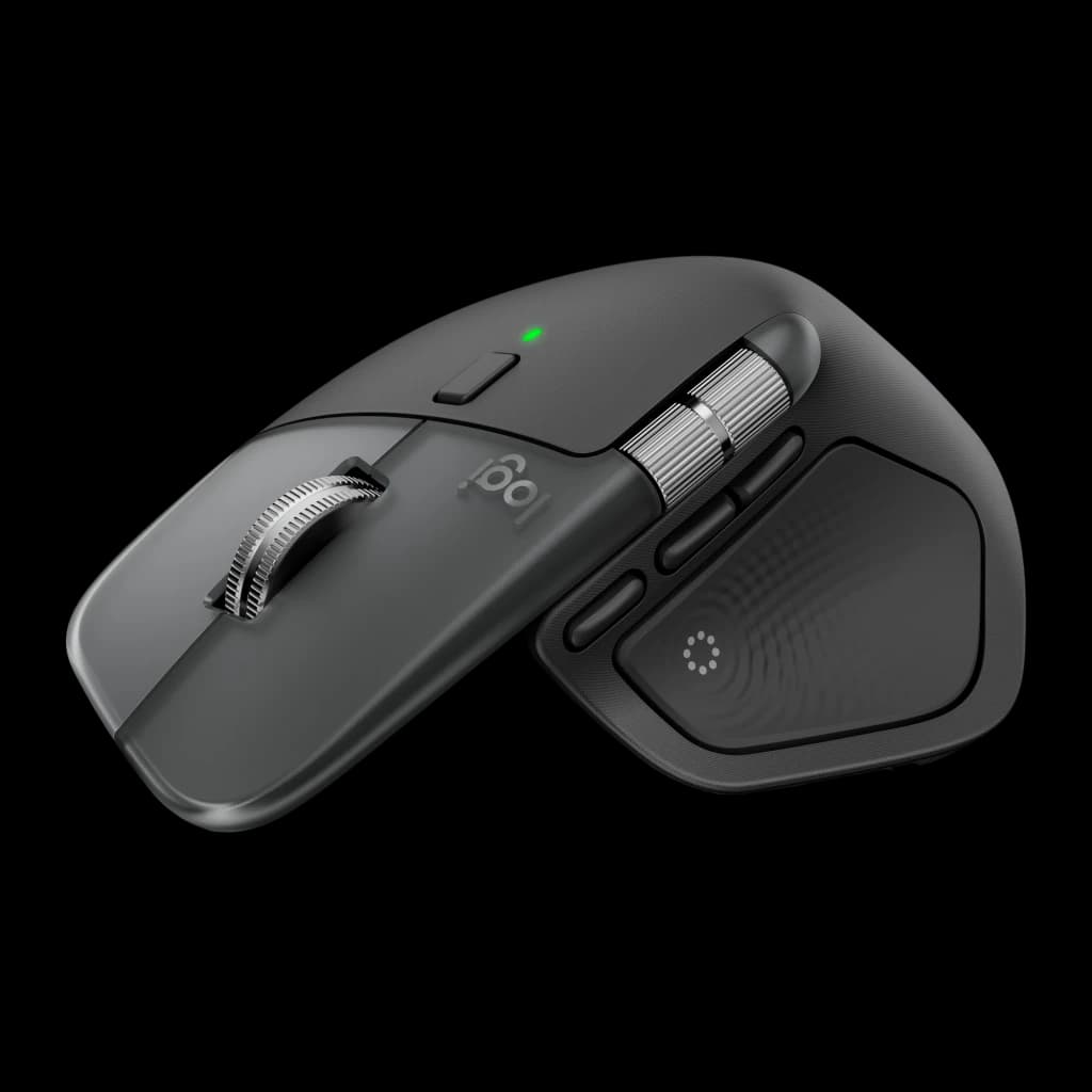 Logitech Rato MX Master 4 for Mac Space Black, vista superior traseira: rodas de scroll e lateral metálicas, LED verde aceso