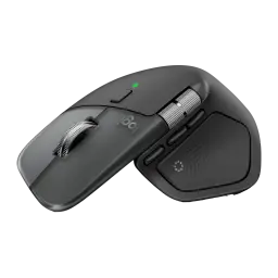 Logitech Rato MX Master 4 for Mac Space Black, vista superior traseira: rodas de scroll e lateral metálicas, LED verde aceso