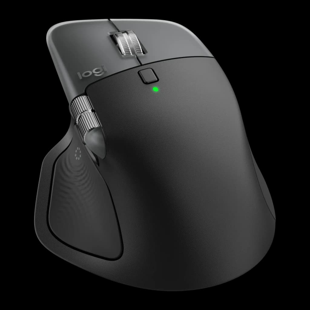 Logitech Rato MX Master 4 for Mac Space Black, vista frontal três quartos: perfil ergonómico alto, roda lateral e LED verde