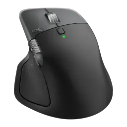 Logitech Rato MX Master 4 for Mac Space Black, vista frontal três quartos: perfil ergonómico alto, roda lateral e LED verde