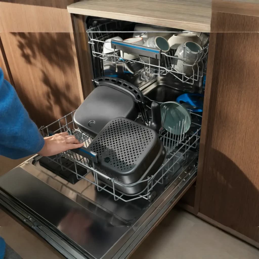 Electrolux Fritadeira de ar EAF7B 6,8 L preto, limpeza: cesto e tabuleiro pretos colocados na máquina de lavar louça