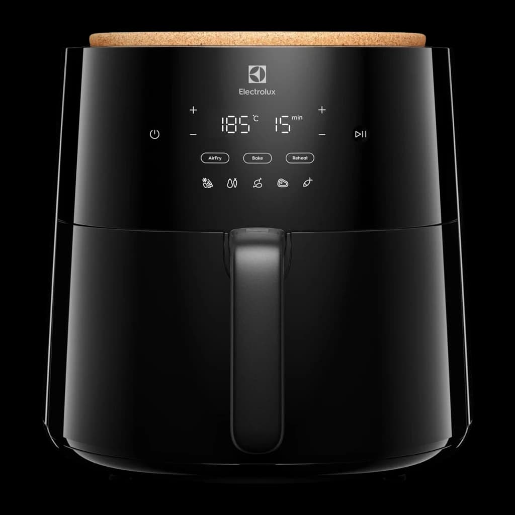 Electrolux Fritadeira de ar EAF7B 6,8 L Preto, vista frontal: painel tátil LED com modos AirFry, Bake e Reheat, tampa