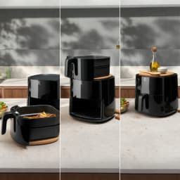 Electrolux Fritadeira ar EAF7B 6,8L Preto, três vistas: cesto aberto com batatas, unidade empilhada e vista frontal