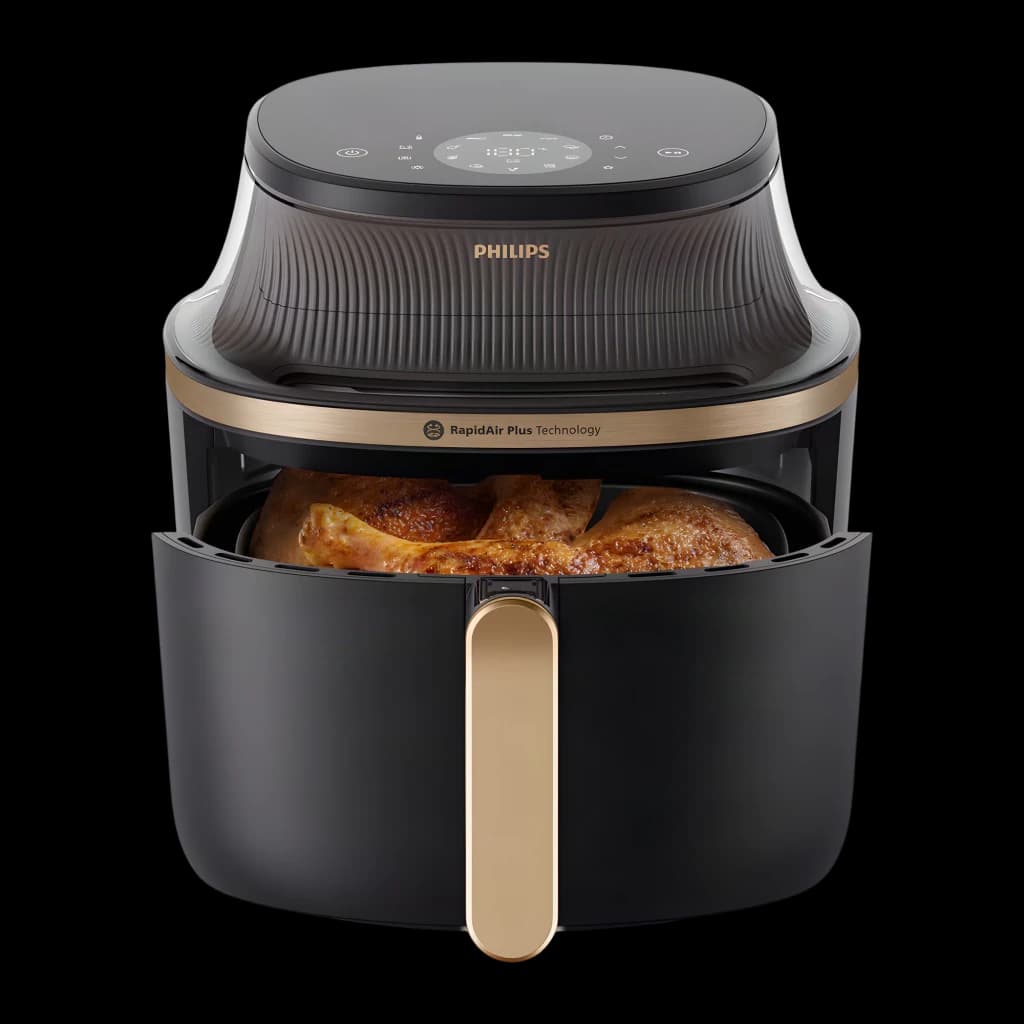 Philips Airfryer Serie 3000 7,2 l Negro Cobre, cajón abierto: pollo dorado en cesta, asa cobre y panel táctil superior