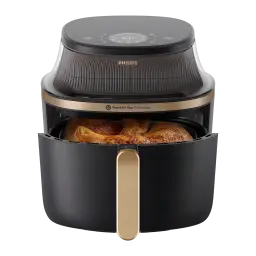 Philips Airfryer Serie 3000 7,2 l Negro Cobre, cajón abierto: pollo dorado en cesta, asa cobre y panel táctil superior