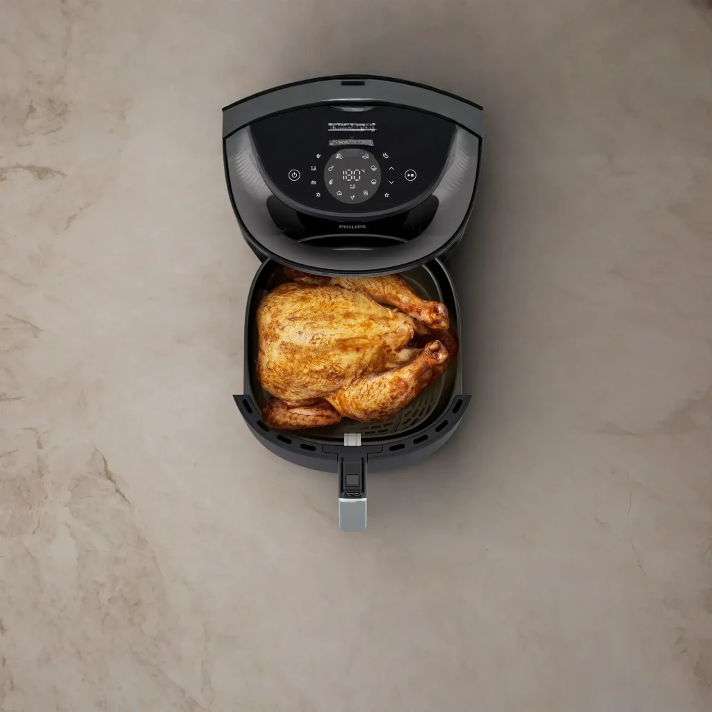 Philips Airfryer Série 3000 7,2 l Preto Cobre, gaveta aberta: frango dourado na cesta, pega cobre e painel tátil superior - Item5