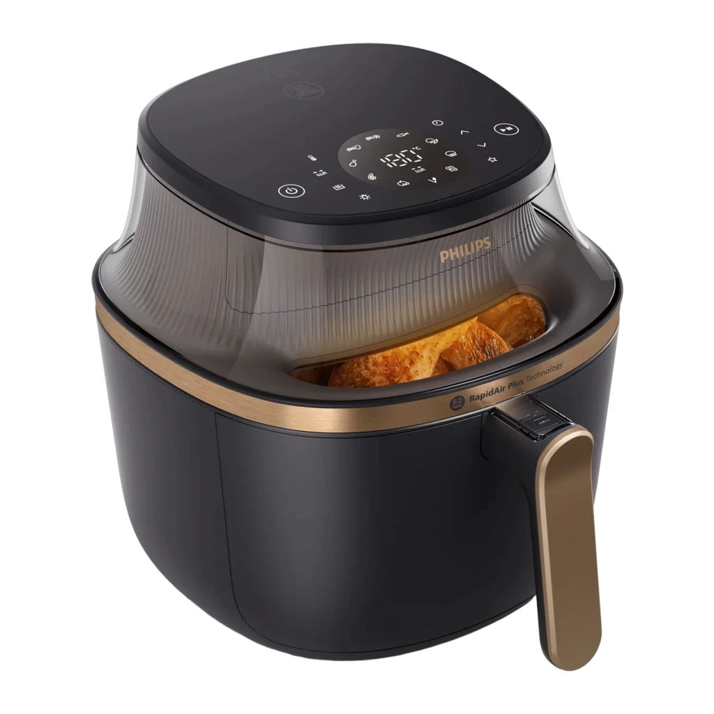 Philips Airfryer Série 3000 7,2 l Preto Cobre, gaveta aberta: frango dourado na cesta, pega cobre e painel tátil superior - Item1