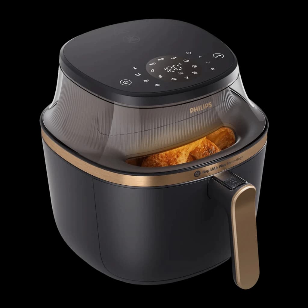 Philips Airfryer Serie 3000 7,2 l Negro Cobre, vista en ángulo: tapa transparente, panel táctil y cesta con alimentos