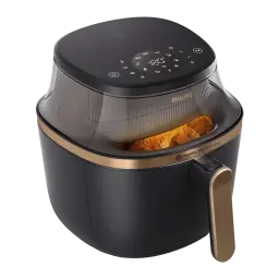 Philips Airfryer Serie 3000 7,2 l Negro Cobre, vista en ángulo: tapa transparente, panel táctil y cesta con alimentos
