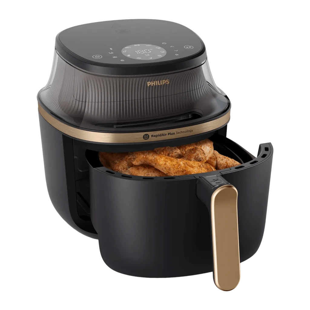 Philips Airfryer Série 3000 7,2 l Preto Cobre, gaveta aberta: frango dourado na cesta, pega cobre e painel tátil superior - Item2