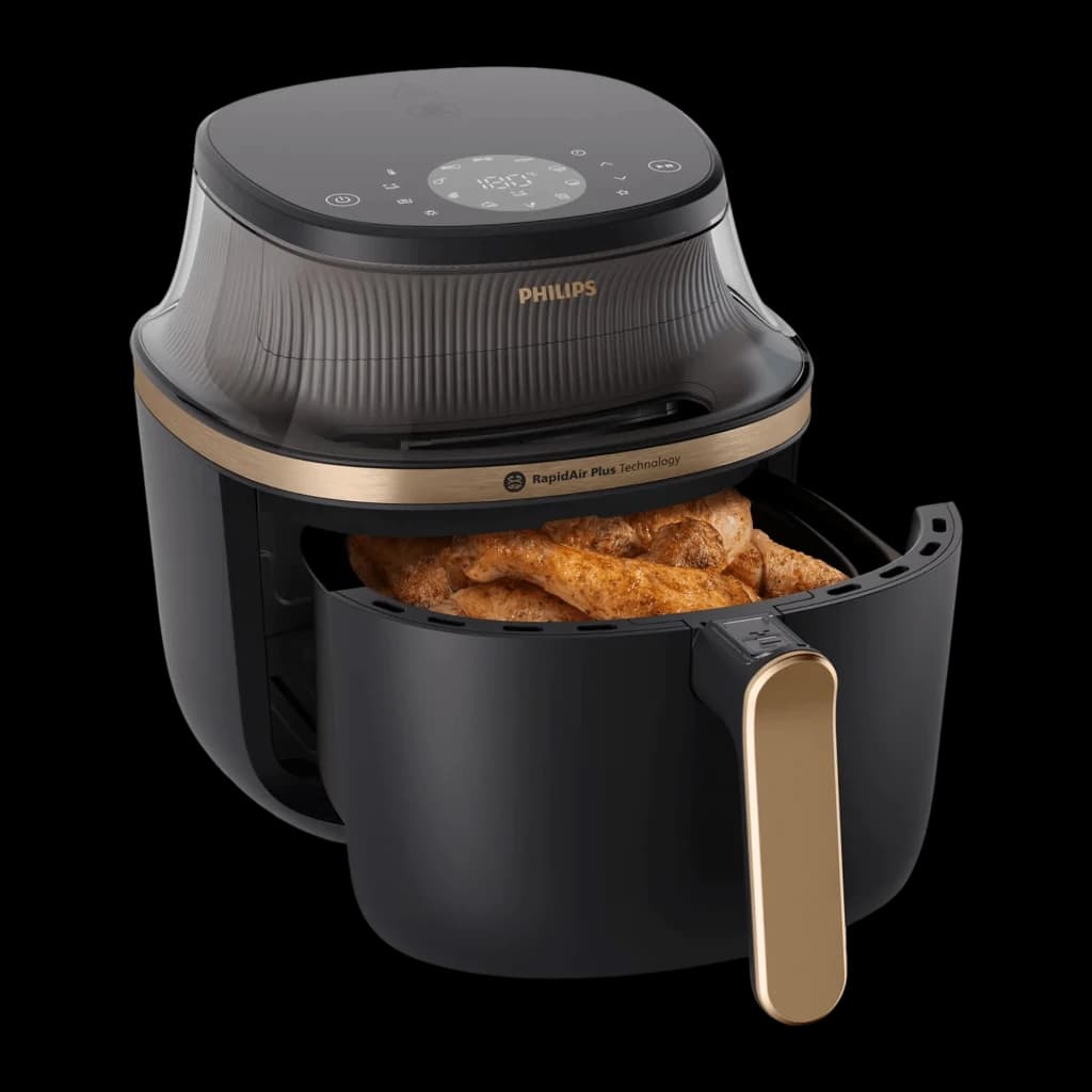 Philips Airfryer Serie 3000 7,2 l Negro Cobre, cesta extraída: cajón abierto con alimentos crujientes y asa cobre en primer