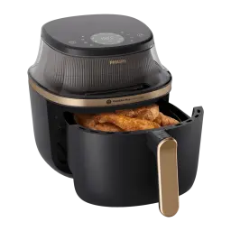 Philips Airfryer Serie 3000 7,2 l Negro Cobre, cesta extraída: cajón abierto con alimentos crujientes y asa cobre en primer